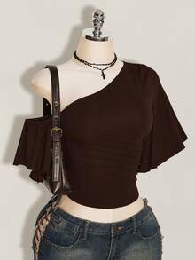 SHEIN ICON 女款素色不對稱肩休閒日常穿搭上衣 - 咖啡棕 - 查看 4