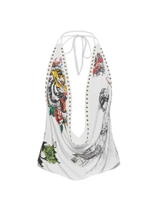 ROMWE Grunge Punk Vintage Y2K Hot Girl Rivet Retro Tiger Head Floral Geisha Print Rhinestone Sexy Deep V Cowl Neck Women Tank Top - White - View 1