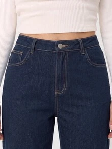 SHEIN CURVE+ 大尺碼女款鈕扣口袋設計直筒牛仔褲 - 深色水洗藍 - 查看 5