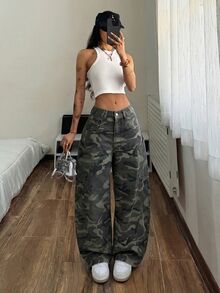 SHEIN 女款迷彩圖案時尚寬鬆牛仔褲 - 彩色 - 查看 4