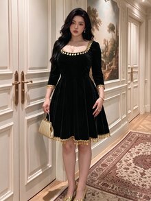 Vibekara Plus Size Round Neck Long Sleeve Gold Sequin Fringe Trim Contrast Color Elegant Vintage Cute Party Cocktail Middle Eastern Mid-Length Velvet Black Evening Dress - Black - View 6