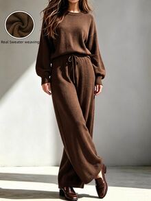 LUMIGAL Women's Solid Color Drop Shoulder Round Neck Knit Top And Drawstring Long Pants 2 Pieces Set - Brown - View 1