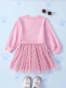 SHEIN | PAW Patrol 女童卡通印花網格格紋長袖洋裝 - 粉色 - 查看 2