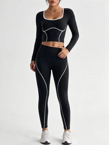 SHEIN Dewbera Women's Minimalist Long Sleeve Top And Striped Colorblock Pants Sports Set - Black - View 3