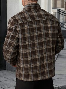 Manfinity Homme 2026春夏男士深棕色格紋羊毛混紡立領短版夾克，復古工裝風 - 彩色 - 查看 2