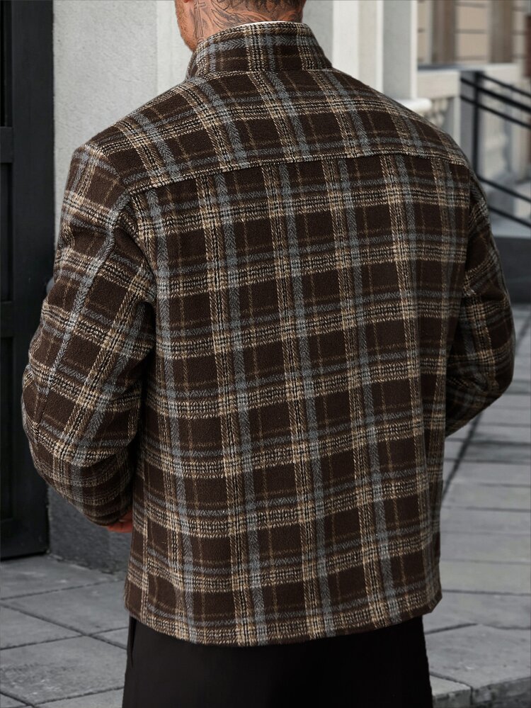 Manfinity Homme 2026 Spring Summer Men Dark Brown Plaid Wool‑Blend Stand Collar Cropped Jacket, Retro Workwear & Cit - Multicolor - View 2