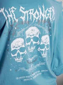 SHEIN ICON 女款大尺碼字母與骷髏圖案印花休閒日常穿搭T恤 - 藍色 - 查看 6