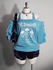 SHEIN ICON 女款大尺碼字母與骷髏圖案印花休閒日常穿搭T恤 - 藍色 - 查看 1