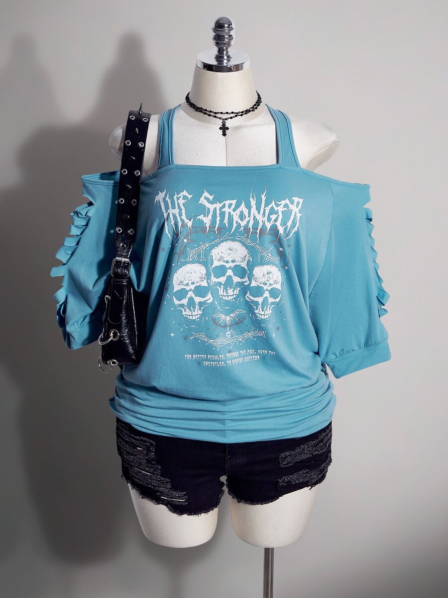 SHEIN ICON 女款大尺碼字母與骷髏圖案印花休閒日常穿搭T恤 - 藍色 - 查看 1