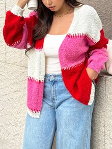Easura Áo len khoác ngoài dáng rộng phối màu patchwork cổ chữ V tôn dáng thu gọn cho người size lớn, đa năng - Nhiều màu - Xem 3