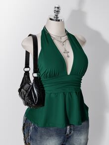 SHEIN ICON 大尺碼掛脖深V領收腰A字露背波點背心，復古Y2K掛脖波點背心，娃娃裝波點掛脖露背上衣 - 墨綠色 - 查看 1