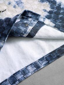 ROMWE MEN Digital Print Brand 3D Plaid American Vintage Bubble Check Tie-Dye 2 In 1 Shacket Unisex Double Layer Patchwork Gradient Old Blue & White Loose Lapel Workwear Jacket - Multicolor - View 9