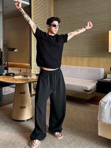 DAZY Spring/Autumn Loose Brown Elastic Waist Pleated Design Men's Sweatpants - Black - View 6