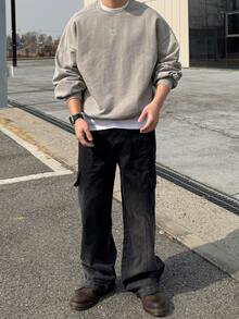 DAZY 男士秋冬保暖內裡灰色圓領長袖套頭運動衫，羅紋袖口、下擺與領口，胸前字母印花與背後拼接開縫設計 - 灰色 - 查看 5