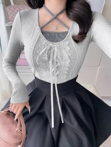 FRIFUL Women's Lace Patchwork Casual Daily T-Shirt - Grey - View 4