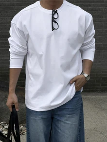 DAZY 男士純色休閒百搭長袖T恤，適合日常穿著 - 白色 - 查看 7