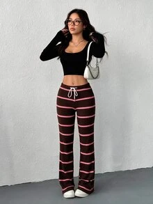 SHEIN EZwear 女款抽繩綁帶條紋雙色長褲 - 棕色 - 查看 4