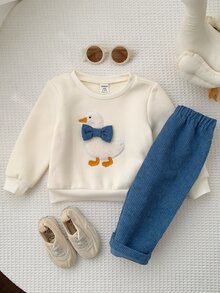 SHEIN 男嬰卡通鴨圖案圓領長袖套頭運動衫與鬆緊腰長褲兩件套 - 彩色 - 查看 7