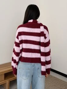 SHEIN Glamour كنزة كارديجان نسائية بياقة على شكل حرف V وأزرار وتصميم كتل لونية مع وشاح - الأحمر - مشاهدة 2