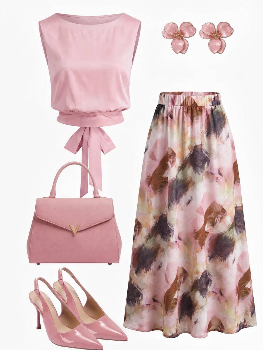 SHEIN Clasi Sleeveless Tie Waist Top And A-Line Printed Skirt Set, Comfortable And Easy To Wear - Pink - View 1