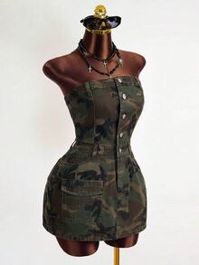 Mistrie Women's Outdoor Street Fashion Strapless Button-Front Multi-Pocket Camouflage Army Green Sexy Denim Dress - Army Green - View 3