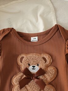 SHEIN Playful Pals 女嬰套裝 時尚簡約長袖荷葉邊連身衣 棕色格紋可愛蝴蝶結休閒褲 春季 - 棕色 - 查看 6