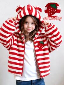 SHEIN Playful Pals 女童可愛加厚保暖內裡連帽外套 單件經典紅白條紋毛絨布料 附可愛熊耳朵裝飾與前胸草莓設計 - 紅白色 - 查看 1