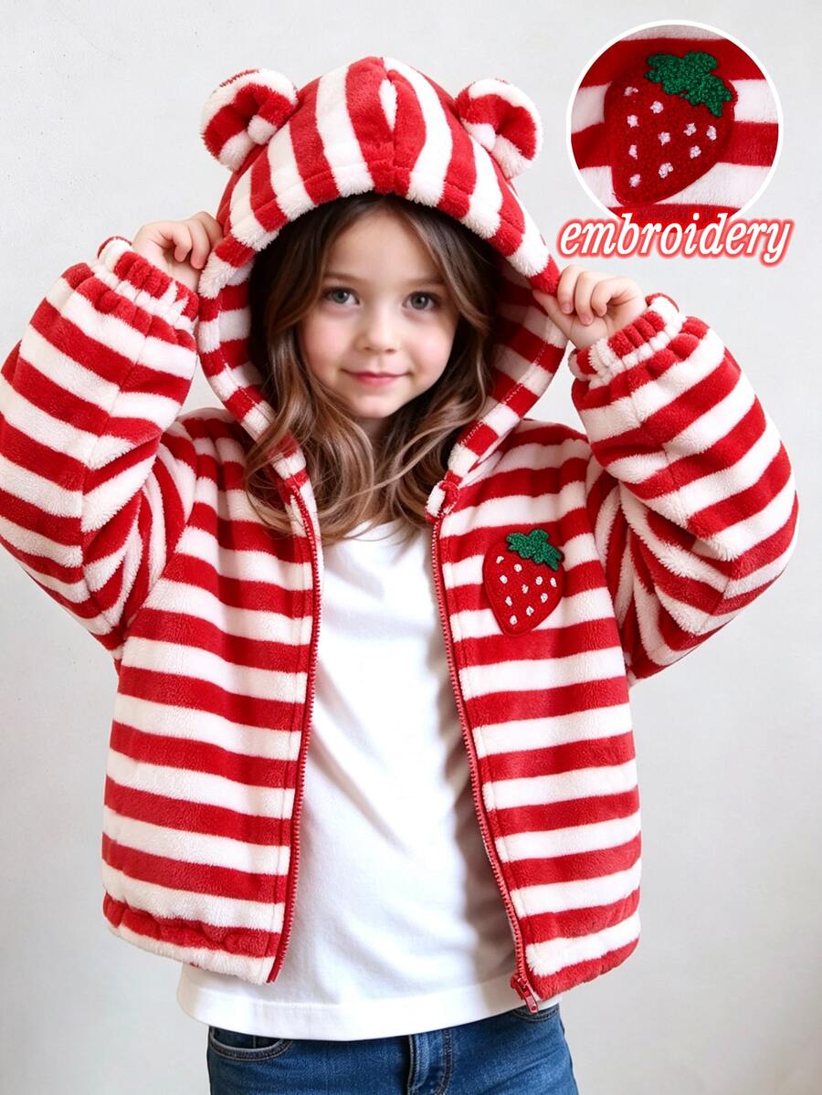 SHEIN Playful Pals 女童可愛加厚保暖內裡連帽外套 單件經典紅白條紋毛絨布料 附可愛熊耳朵裝飾與前胸草莓設計 - 紅白色 - 查看 1