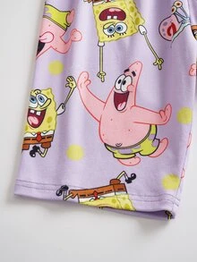 SpongeBob SquarePants | SHEIN Tween Girls Allover Print Cartoon Round Neck Short Sleeve & Shorts Loungewear Set - Purple - View 6