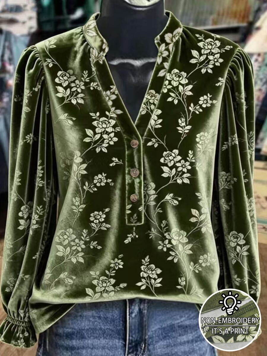 Linhara Blus Wanita Ukuran Plus Elegan, Kasual, Minimalis & Serbaguna Motif Acak Hijau Vintage Lengan Lebar dengan Bagian Depan Setengah Terbuka dan Kerah Tegak Kecil, Cocok untuk Musim Semi dan Gugur - Hijau - View 1