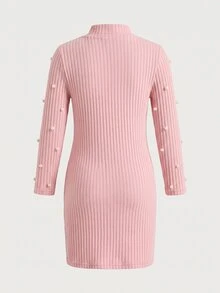 Young Girl Pink Rib-Knit Beaded Pearl Dress Autumn Winter Mock Neck Long Sleeve Sweater Dresses - Pink - View 2