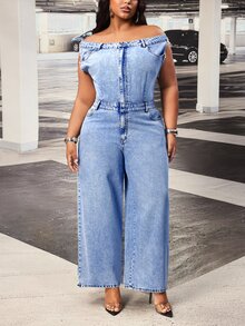 Slaydiva Summer New Off-Shoulder Loose Plus Size Denim Jumpsuit - Blue - View 5