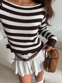 Livesso Autumn/Winter Coffee Brown Round Neck Long Sleeve Cable Knit Slim Fit Ribbed Casual Women's Sweater - Coffee Brown - View 7