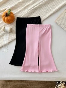 SHEIN 女嬰純色長褲套裝 2 件組－黑色與粉色－適合秋冬，隨機 2 件 - 彩色 - 查看 2