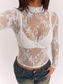 SHEIN BAE جمبسوت نسائي بأكمام طويلة مزين بالدانتيل المحبوك بلون أبيض سادة للخريف والشتاء - أبيض - مشاهدة 5