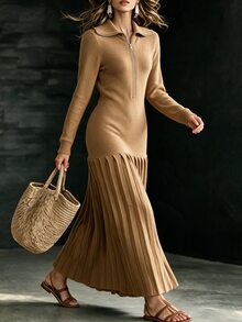 Breezaya Autumn/Winter Elegant Fashion Half-Open Front Vintage Patchwork Pleated Long Sweater Dress For Women - Mocha Brown - View 3