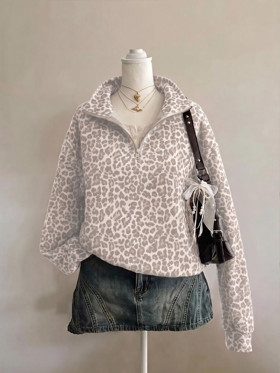 SHEIN EZwear 經典豹紋半拉鍊女款運動衫,水洗白與灰色,秋季休閒街頭風,適合多種場合,Y2K復古風,返校季秋冬上衣 - 彩色 - 查看 1