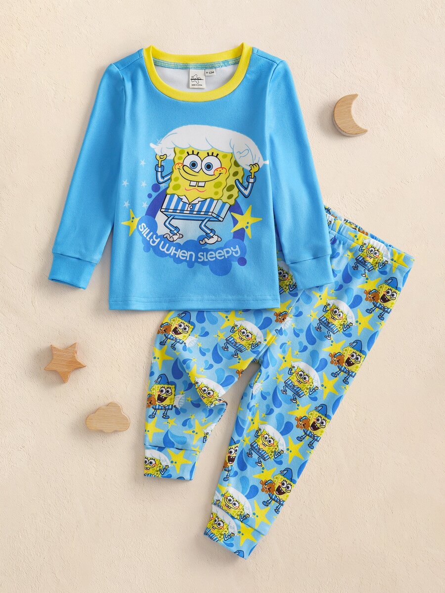 SpongeBob SquarePants | SHEIN Baby Boy Cartoon Print Long Sleeve Top And Leggings Loungewear Set - Blue - View 1