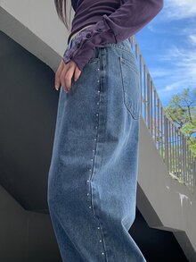 DAZY Women's Distressed Washed Bleached Rivet Decor Loose Straight Leg Jeans Casual Vacation Spring Autumn - Blue - View 3