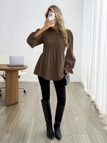 Easowa Women's Solid Color Pleated Casual Daily Long Sleeve Shirt - Brown - View 2