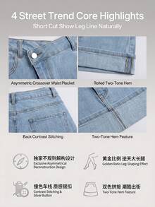 SHEIN MOD 女款休閒日常牛仔迷你裙，附口袋與鈕扣設計 - 藍色 - 查看 6