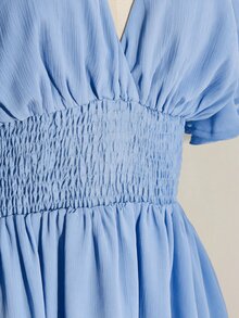 SHEIN ICON 大尺碼荷葉袖V領收腰A字洋裝，適合海灘度假、波希米亞風、嬉皮風、Y2K，適用夏季、夏季假期、情人節、優雅約會洋裝 - 淺藍色 - 查看 8