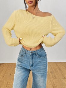 SHEIN PETITE 女款純色單肩休閒日常長袖針織衫 - 淡黃色 - 查看 6