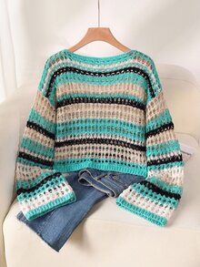 CosyJoli 大尺碼休閒藍白條紋鏤空船領寬鬆短版長袖防曬針織衫 秋季 - 薄荷藍 - 查看 2
