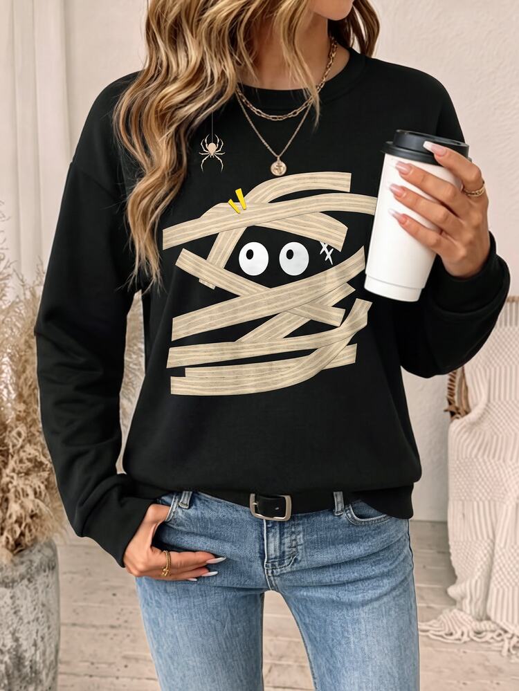 SHEIN LUNE Sweatshirt Wanita Kerah Bulat Longgar Bertema Halloween, Musim Gugur/Dingin - Putih - View 10