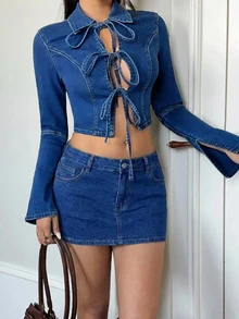 Rivivi Women's Collared Long Sleeve Tie-Front Cropped Denim Top - Blue - View 7