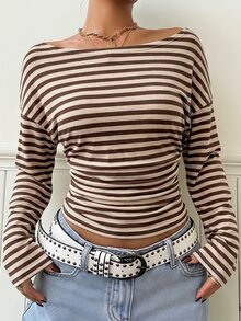 SHEIN EZwear 棕色條紋針織露肩修身T恤 - 棕色 - 查看 7