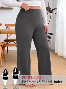 SHEIN PETITE CURVE 大尺碼女款純色高腰長褲，極簡日常穿搭，適合約會、度假、派對、日常外出、聚會、戶外活動 - 灰色 - 查看 2