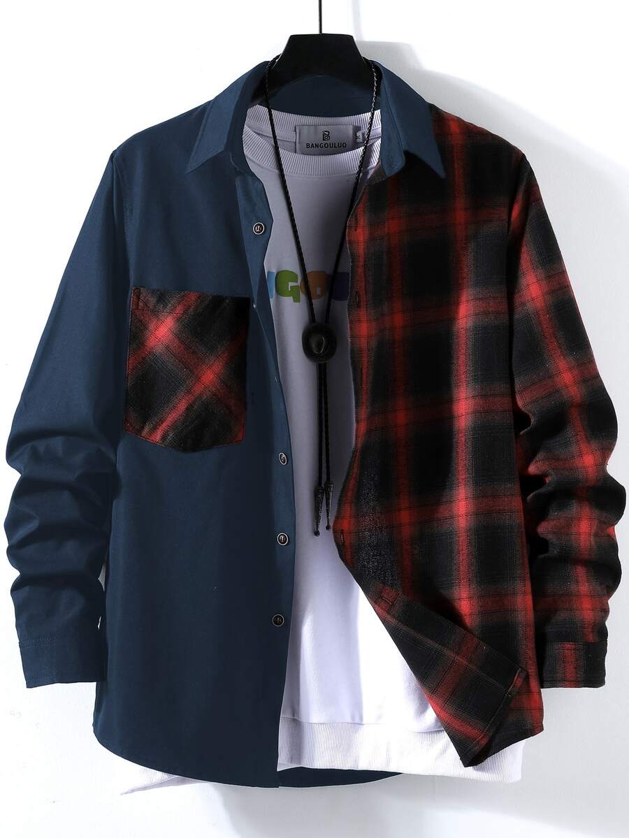 Manfinity Homme Men's Patchwork Plaid Pattern Long Sleeve Shirt Suitable For Dating, Vacation, Party, Daily Wear, Gathering, Outdoor Activities, Commuting, Street Style - Royal Blue - View 1