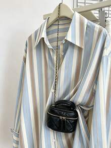 Women's Striped Pattern Long Sleeve Button Front Drop Shoulder Blouse - Multicolor - View 3